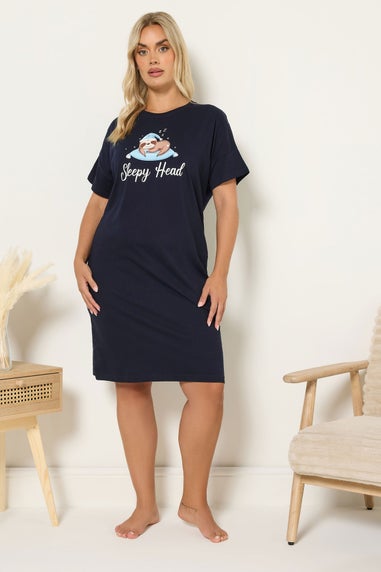Yours Curve Navy Blue 'Sleepy Head' Sloth Sleep Tee Nightdress