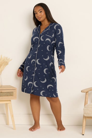 Yours Curve Navy Blue Moon & Star Button Soft Touch Nightdress