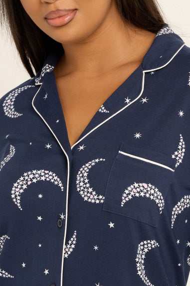 Yours Curve Navy Blue Moon & Star Button Soft Touch Nightdress