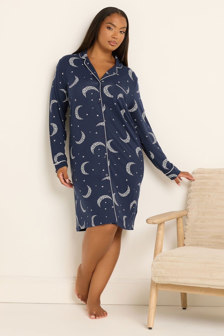 Yours Curve Navy Blue Moon & Star Button Soft Touch Nightdress