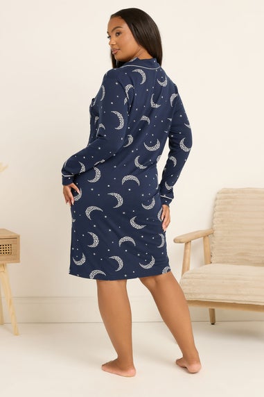 Yours Curve Navy Blue Moon & Star Button Soft Touch Nightdress