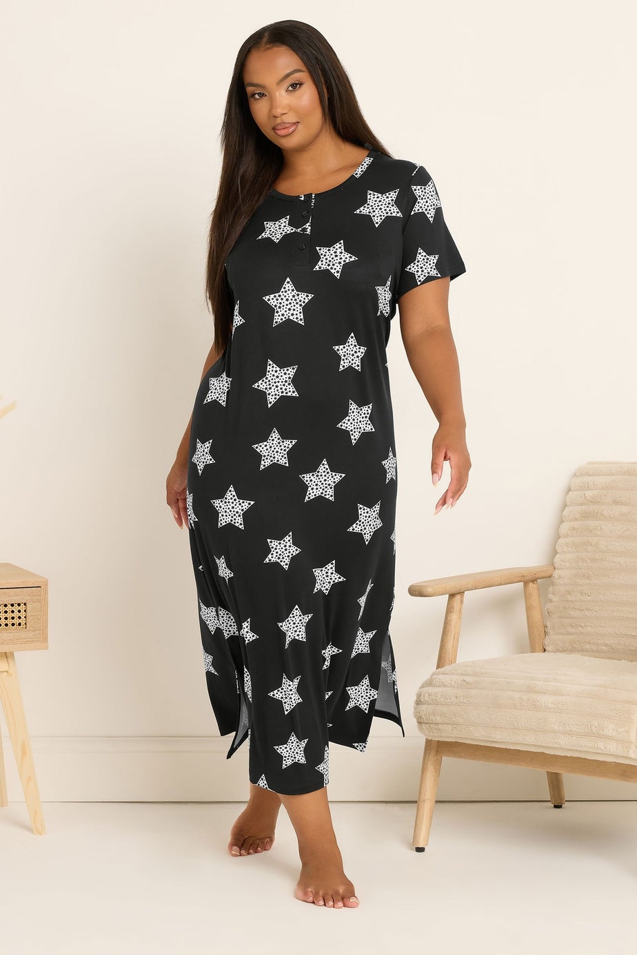 Yours Curve Black Star Soft Touch Placket Nightdress