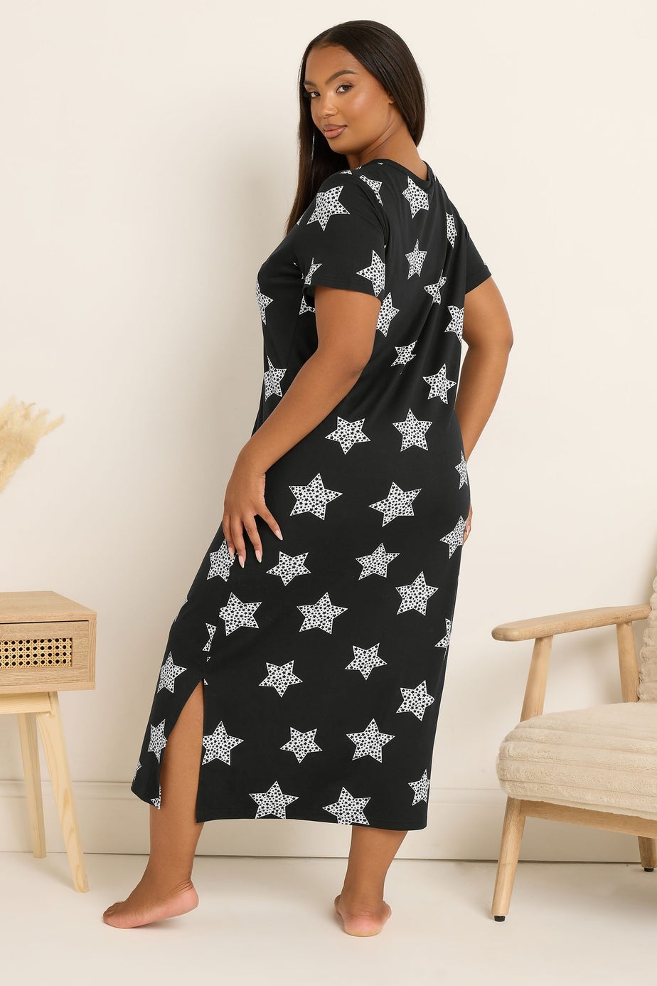 Yours Curve Black Star Soft Touch Placket Nightdress