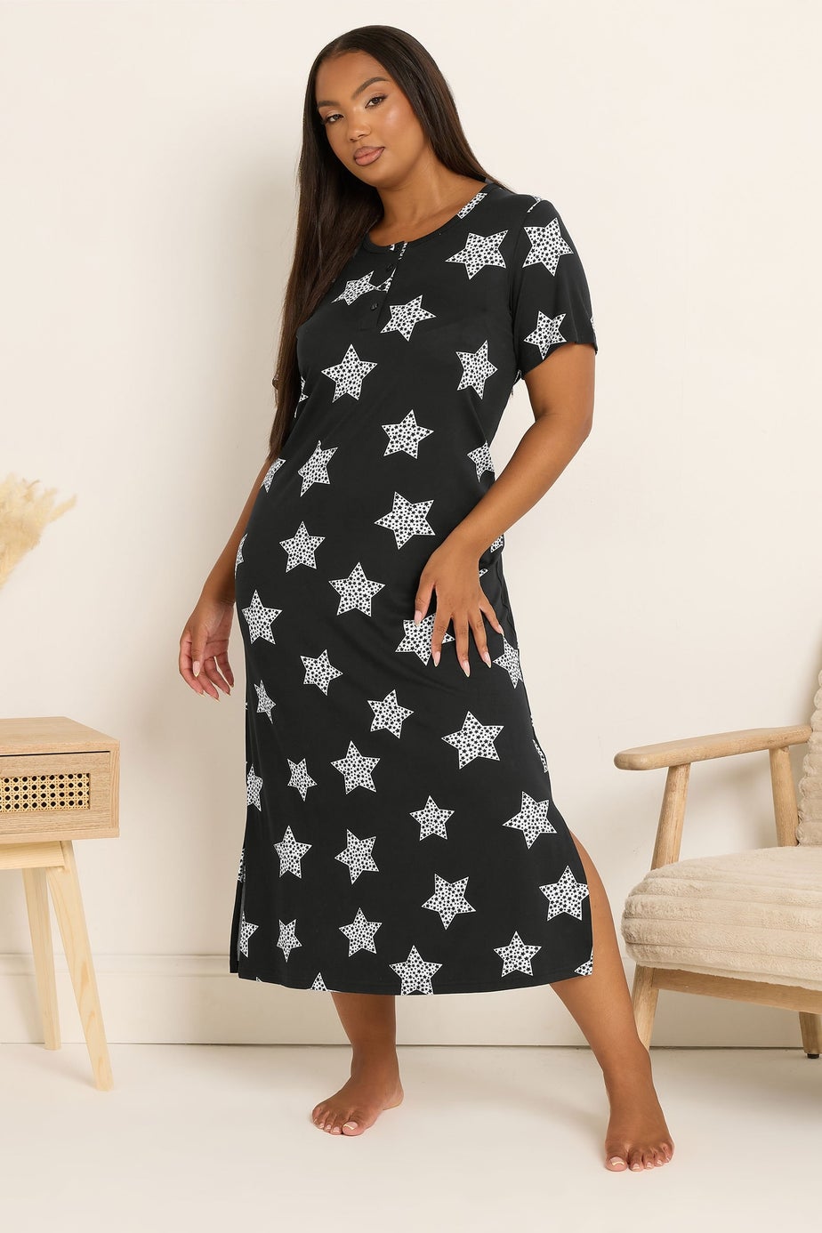 Yours Curve Black Star Soft Touch Placket Nightdress