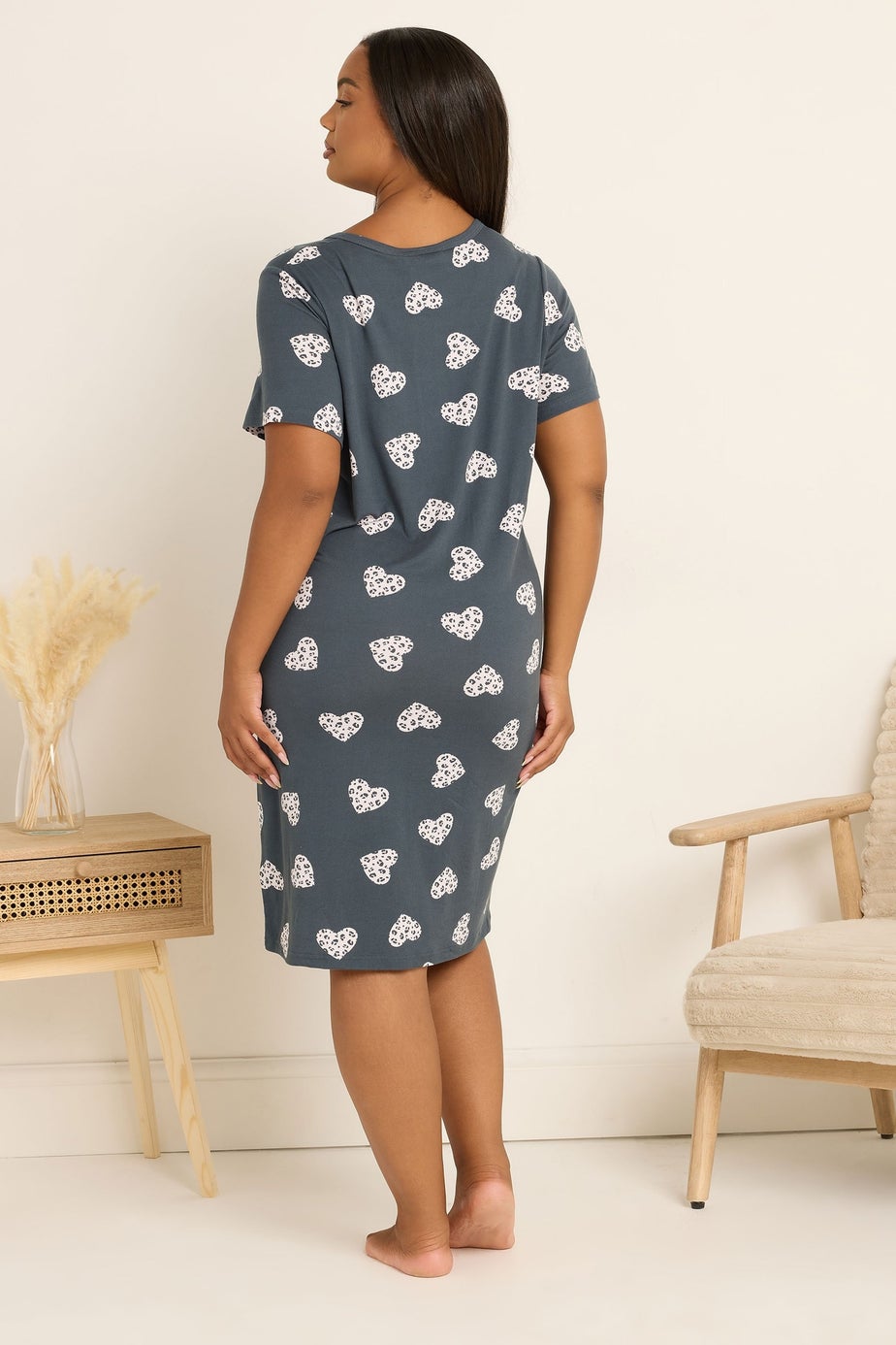 Yours Curve Grey Animal Heart Soft Touch Placket Nightdress