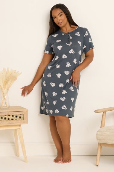 Yours Curve Grey Animal Heart Soft Touch Placket Nightdress