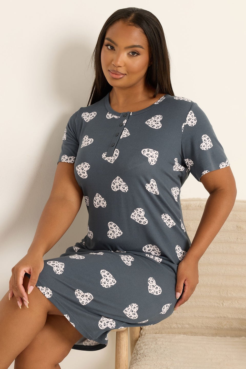 Yours Curve Grey Animal Heart Soft Touch Placket Nightdress