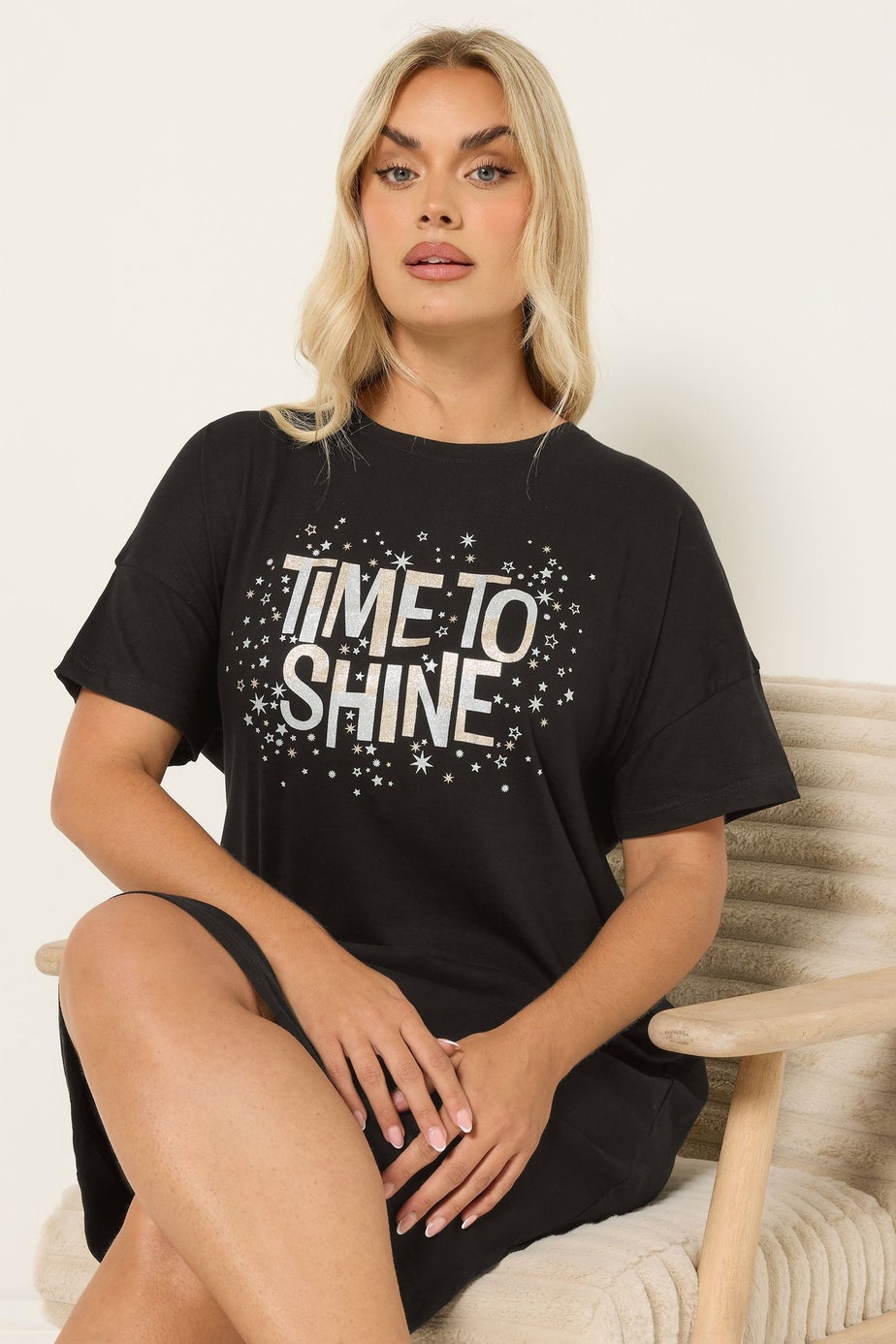 Yours Curve Black 'Time To Shine' Sleep Tee Nightdress