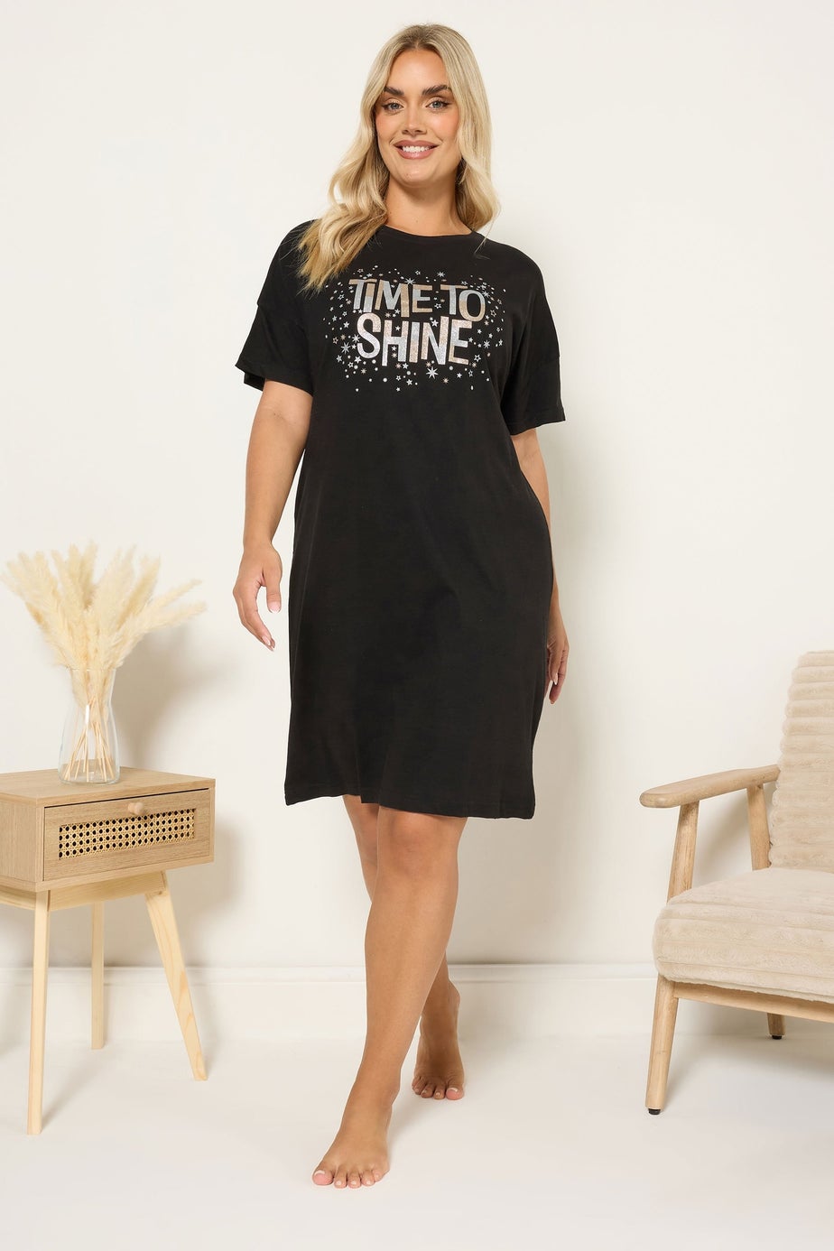 Yours Curve Black 'Time To Shine' Sleep Tee Nightdress