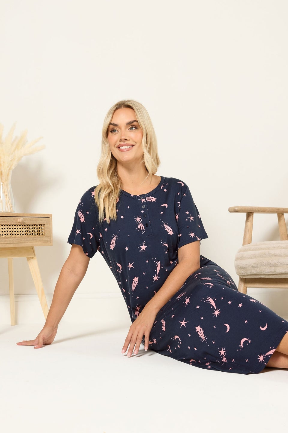 Yours Curve Navy Blue Star Soft Touch Placket Nightdress