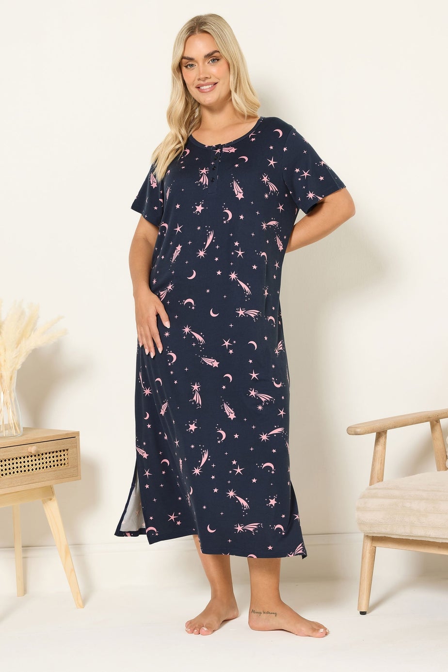 Yours Curve Navy Blue Star Soft Touch Placket Nightdress