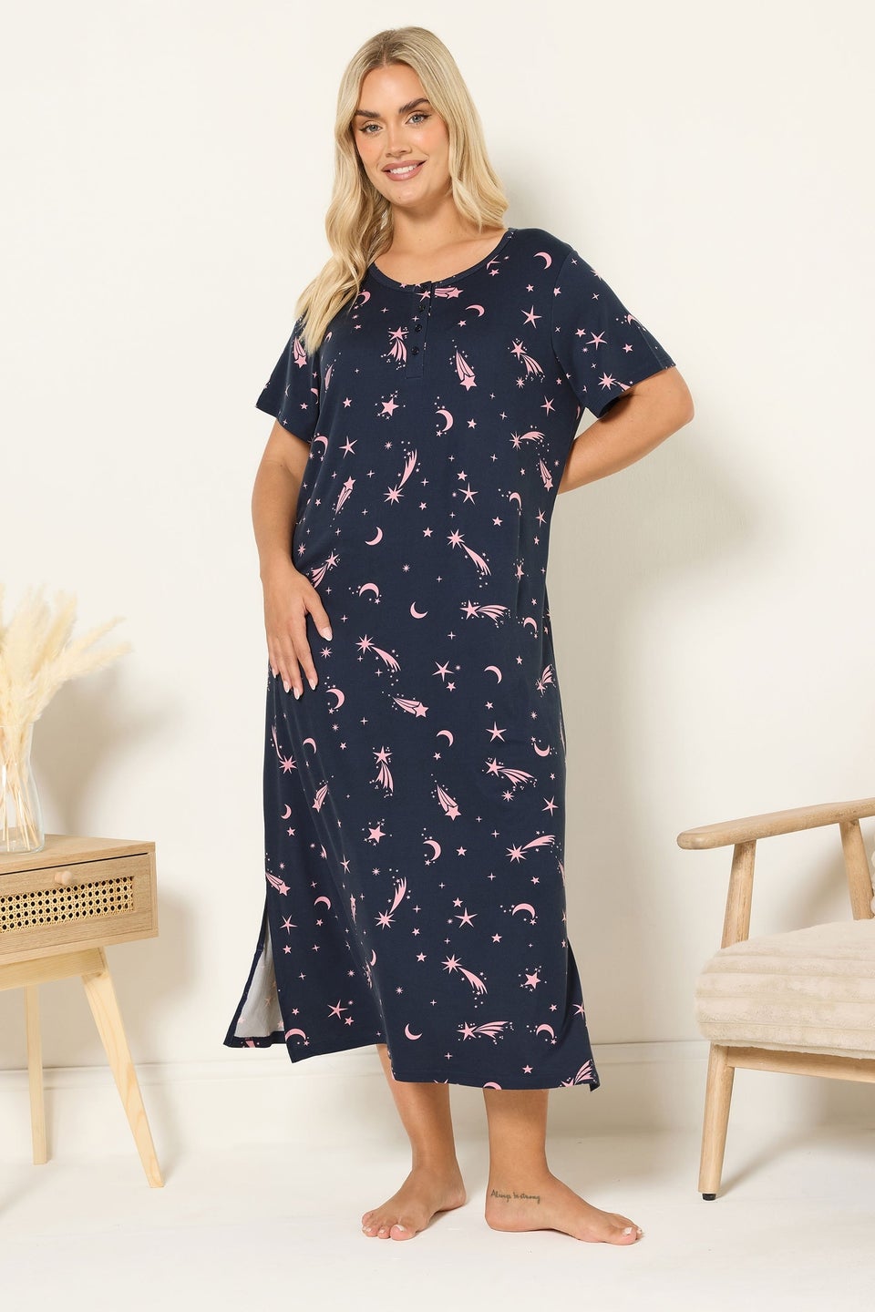 Yours Curve Navy Blue Star Soft Touch Placket Nightdress