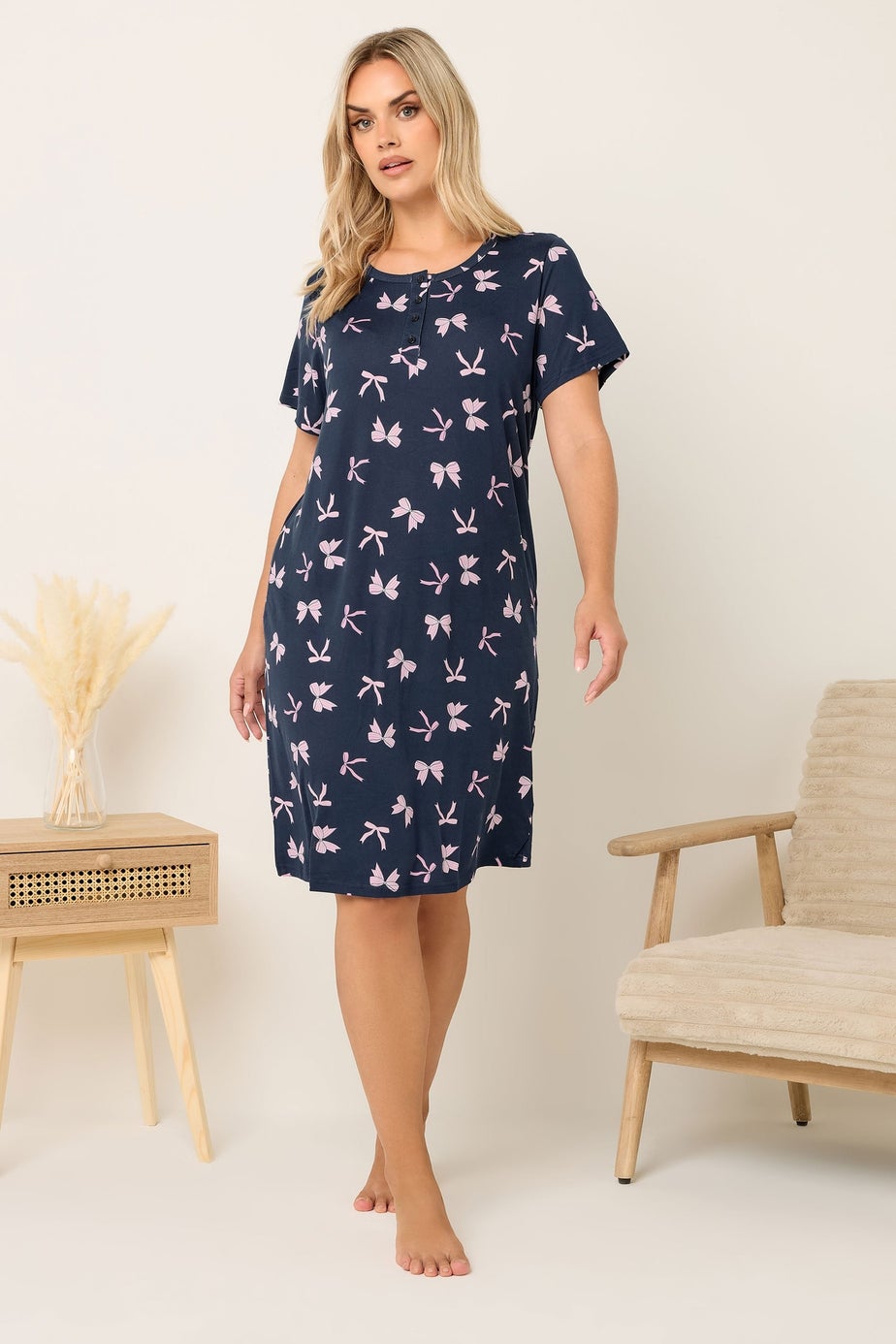 Yours Curve Navy Blue Bow Soft Touch Placket Nightdress