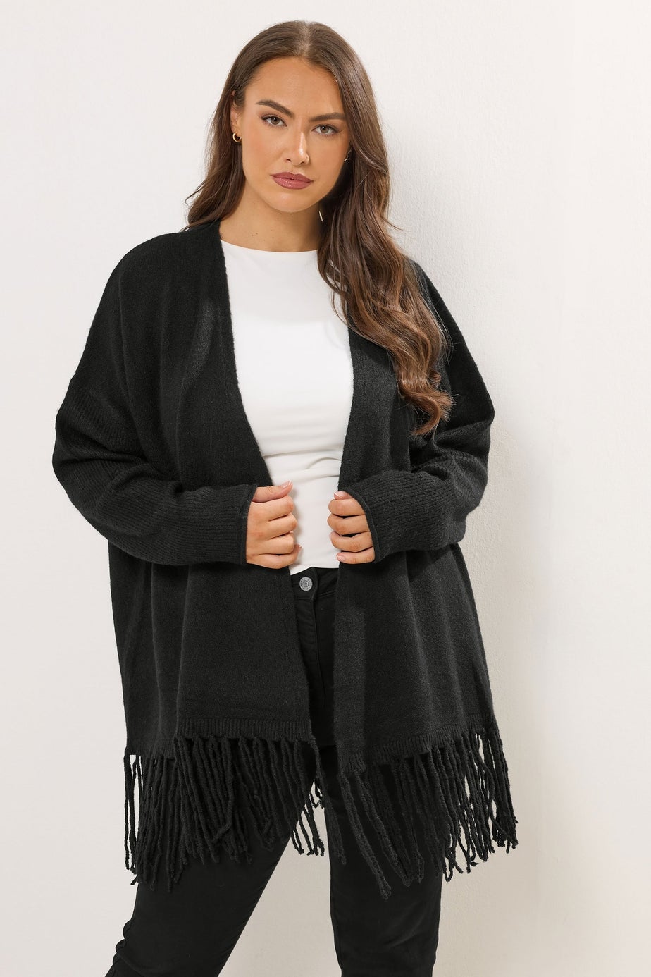 Yours Curve Black Fringe Hem Cardigan