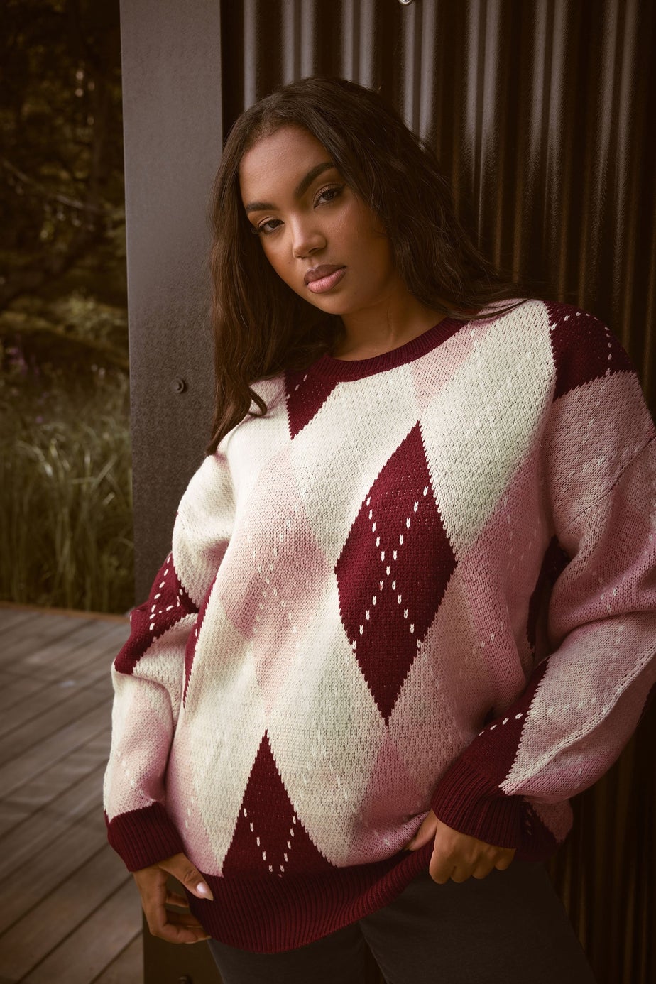 Yours Curve Red Argyle Knitted Jumper