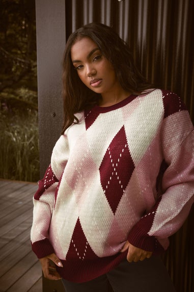 Yours Curve Red Argyle Knitted Jumper