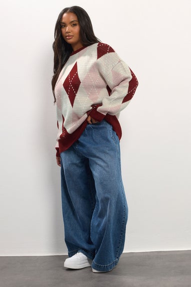 Yours Curve Red Argyle Knitted Jumper