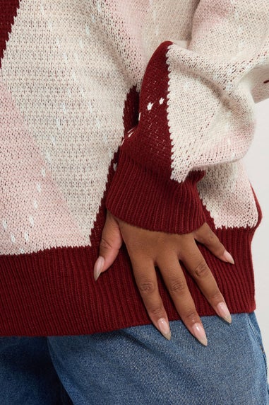 Yours Curve Red Argyle Knitted Jumper