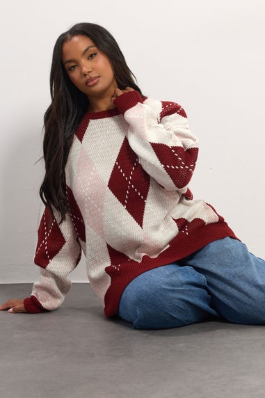 Yours Curve Red Argyle Knitted Jumper