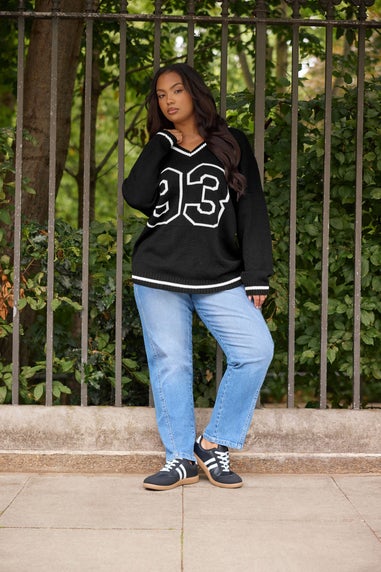Yours Curve Black '93' Slogan Knitted Jumper