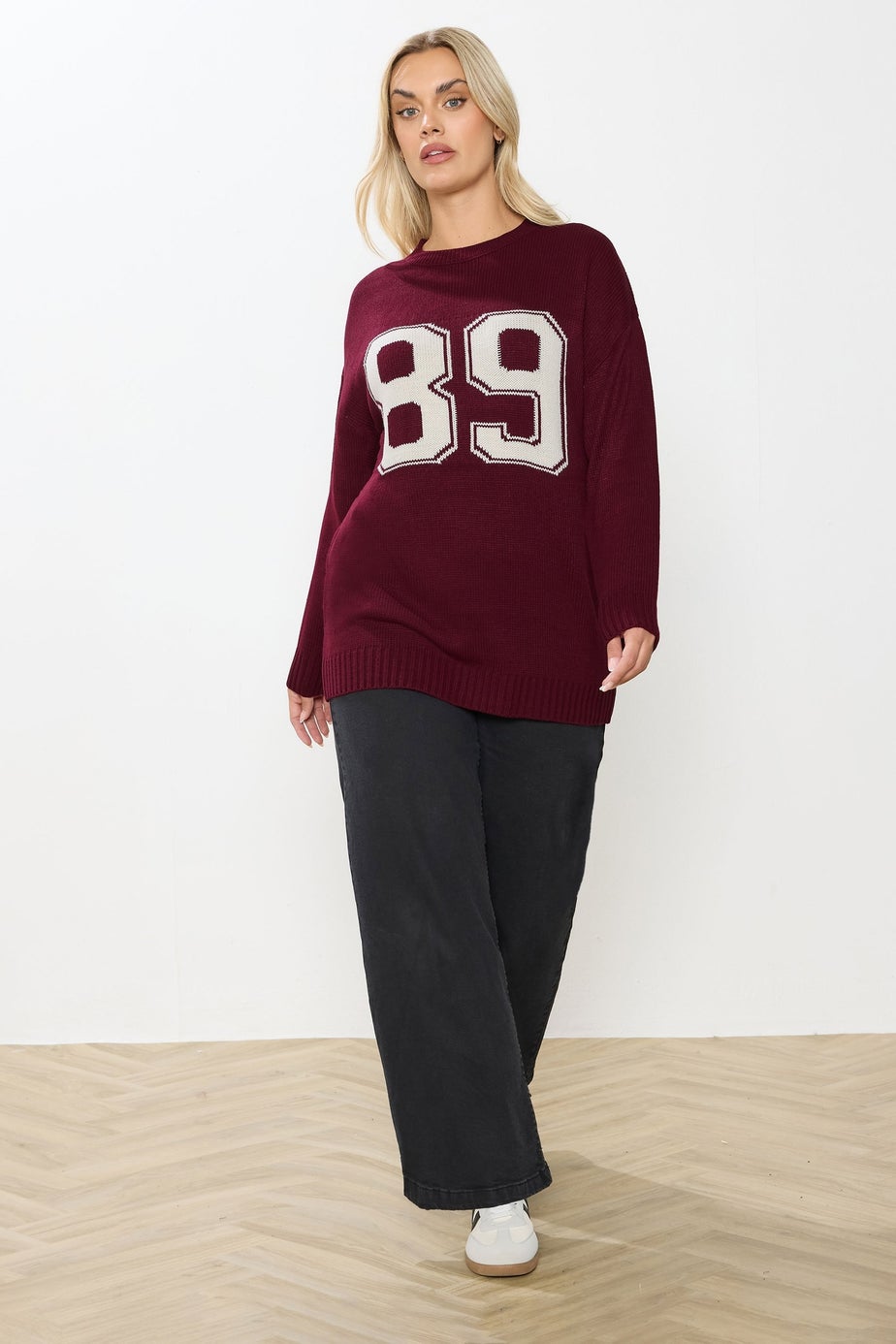 Yours Curve Burgundy Red '89' Slogan Knitted Jumper