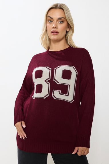 Yours Curve Burgundy Red '89' Slogan Knitted Jumper