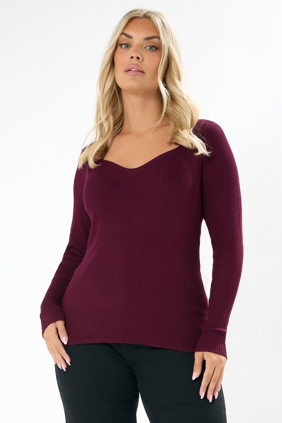 Yours Curve Burgundy Red Sweetheart Neck Jumper