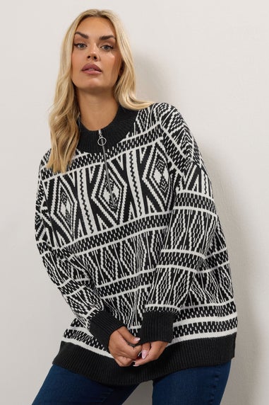 Yours Curve Black Fairisle Quarter Zip Jumper
