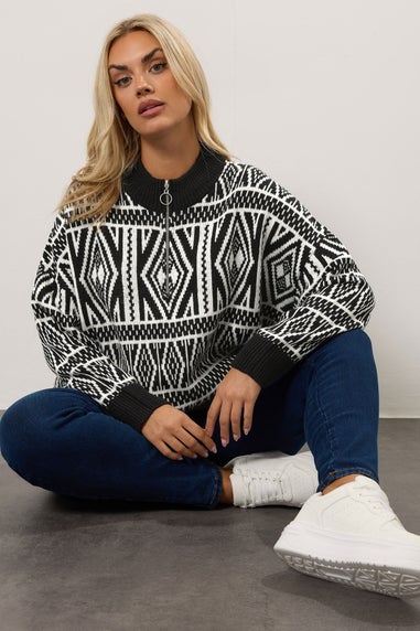 Yours Curve Black Fairisle Quarter Zip Jumper