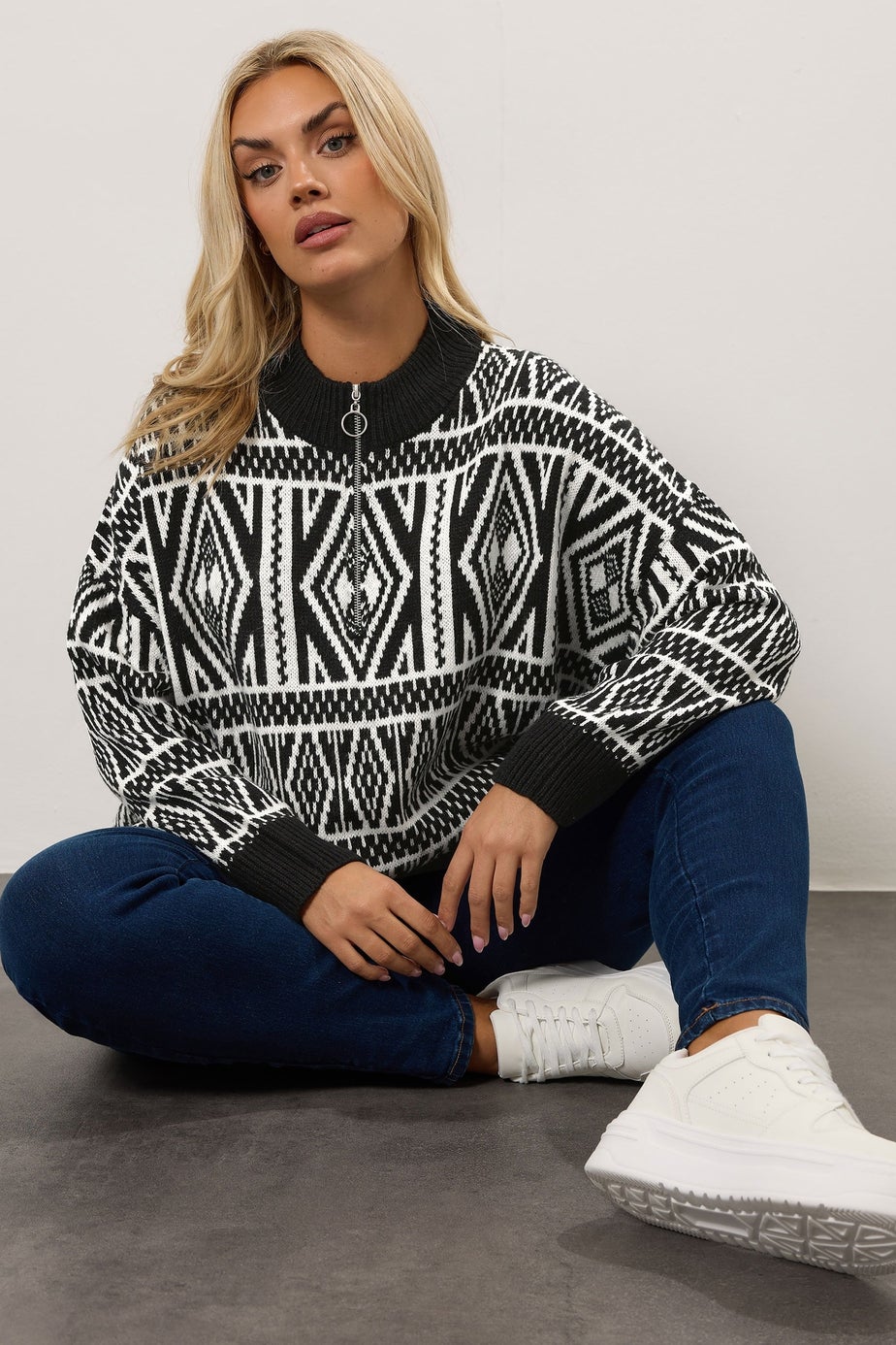 Yours Curve Black Fairisle Quarter Zip Jumper