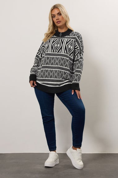 Yours Curve Black Fairisle Quarter Zip Jumper