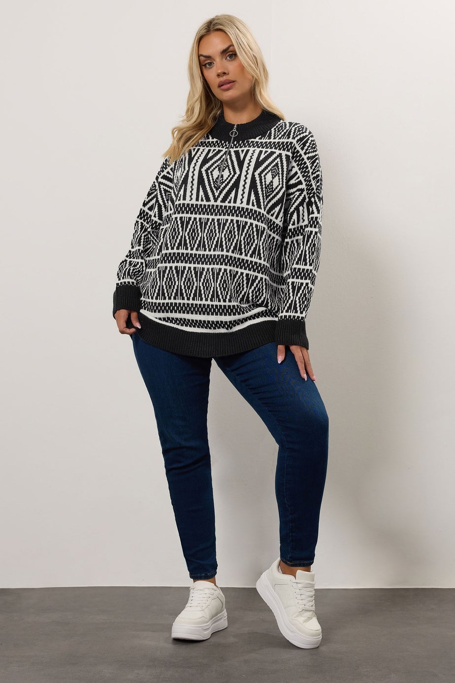 Yours Curve Black Fairisle Quarter Zip Jumper