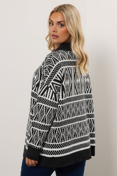 Yours Curve Black Fairisle Quarter Zip Jumper