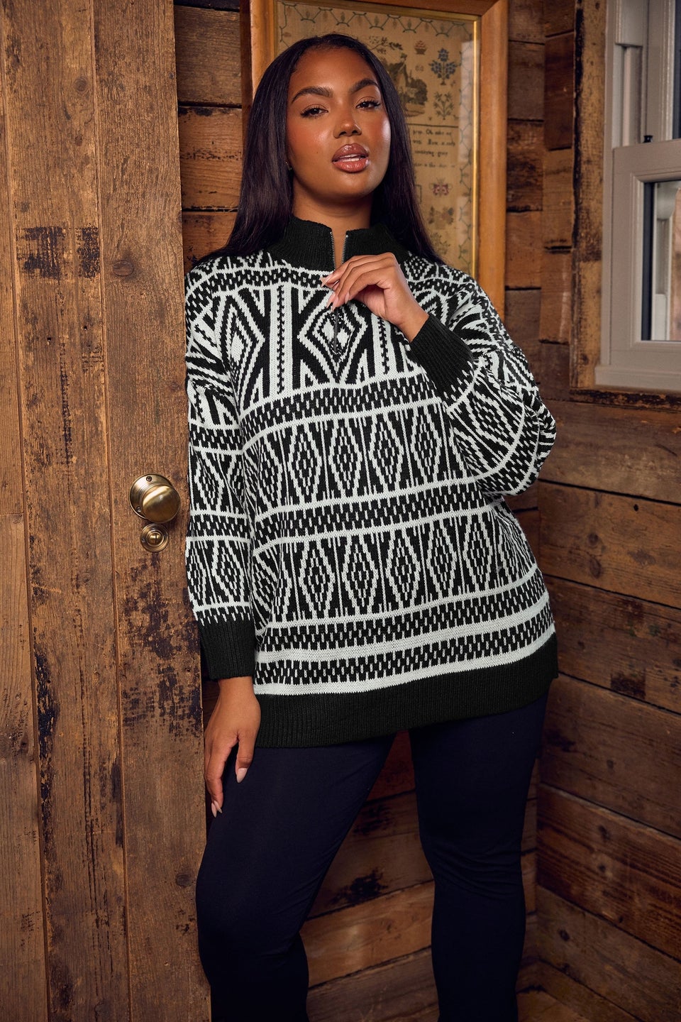 Yours Curve Black Fairisle Quarter Zip Jumper