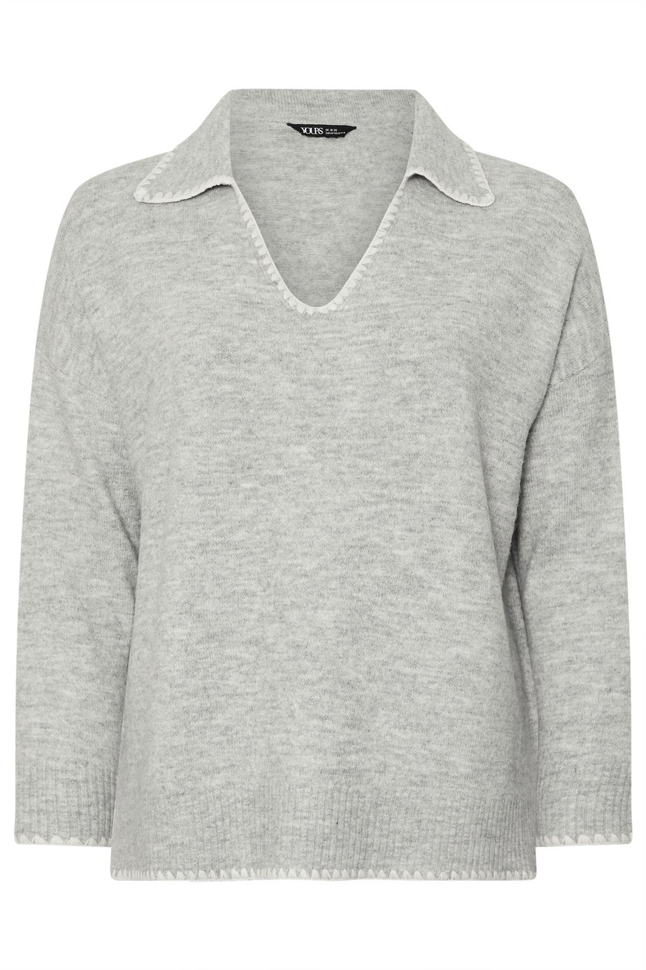 Yours Curve Grey Blanket Stitch Collared Jumper