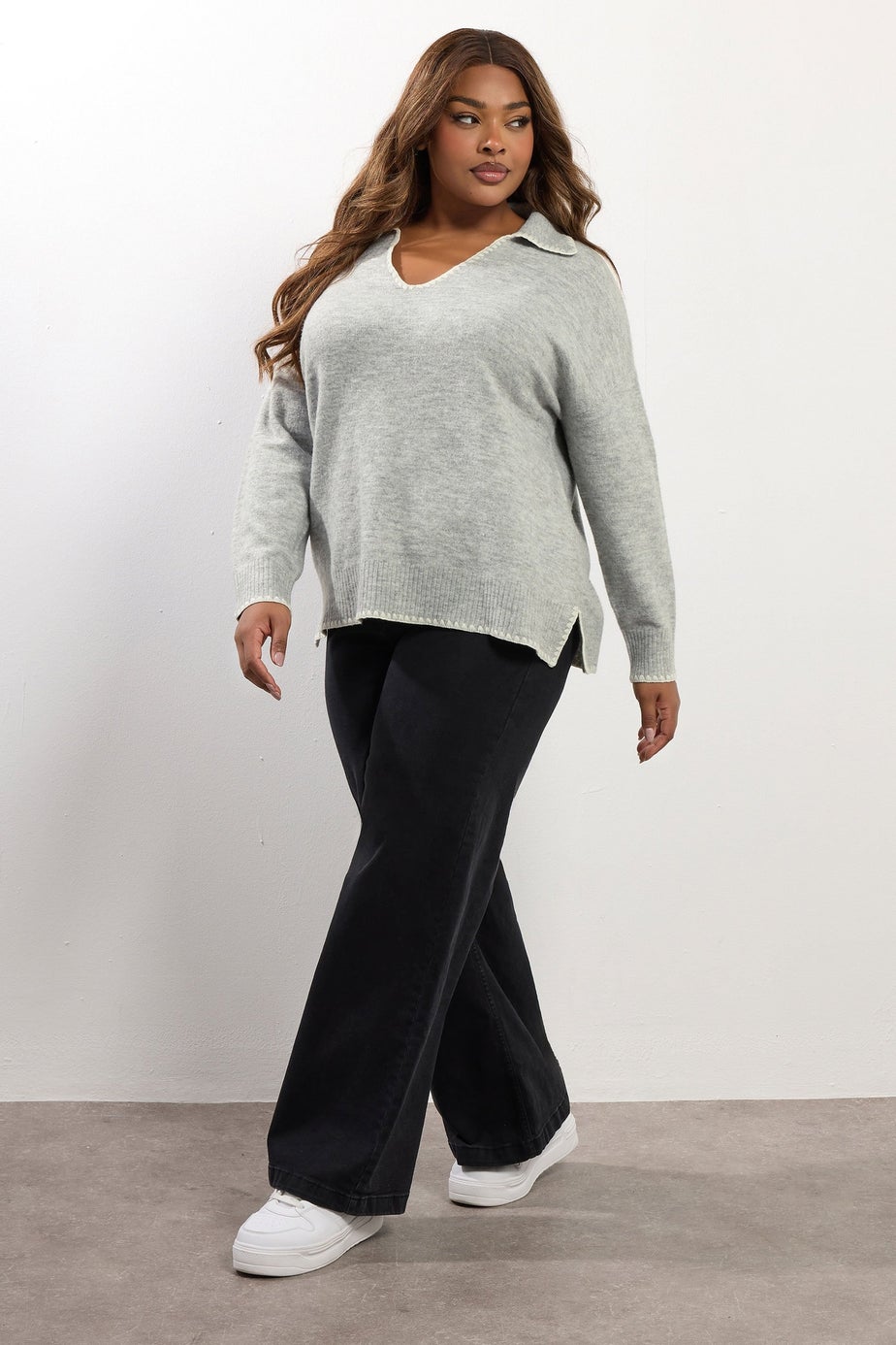 Yours Curve Grey Blanket Stitch Collared Jumper