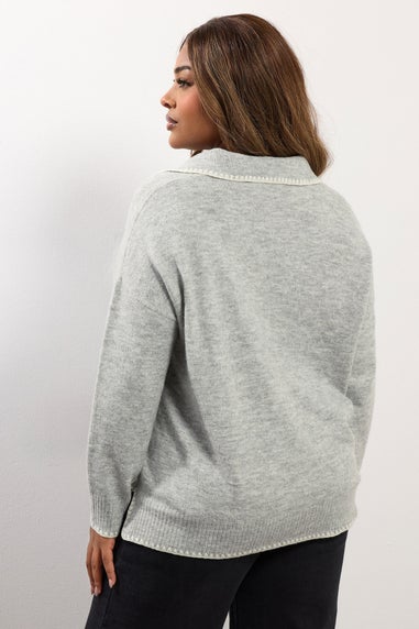 Yours Curve Grey Blanket Stitch Collared Jumper