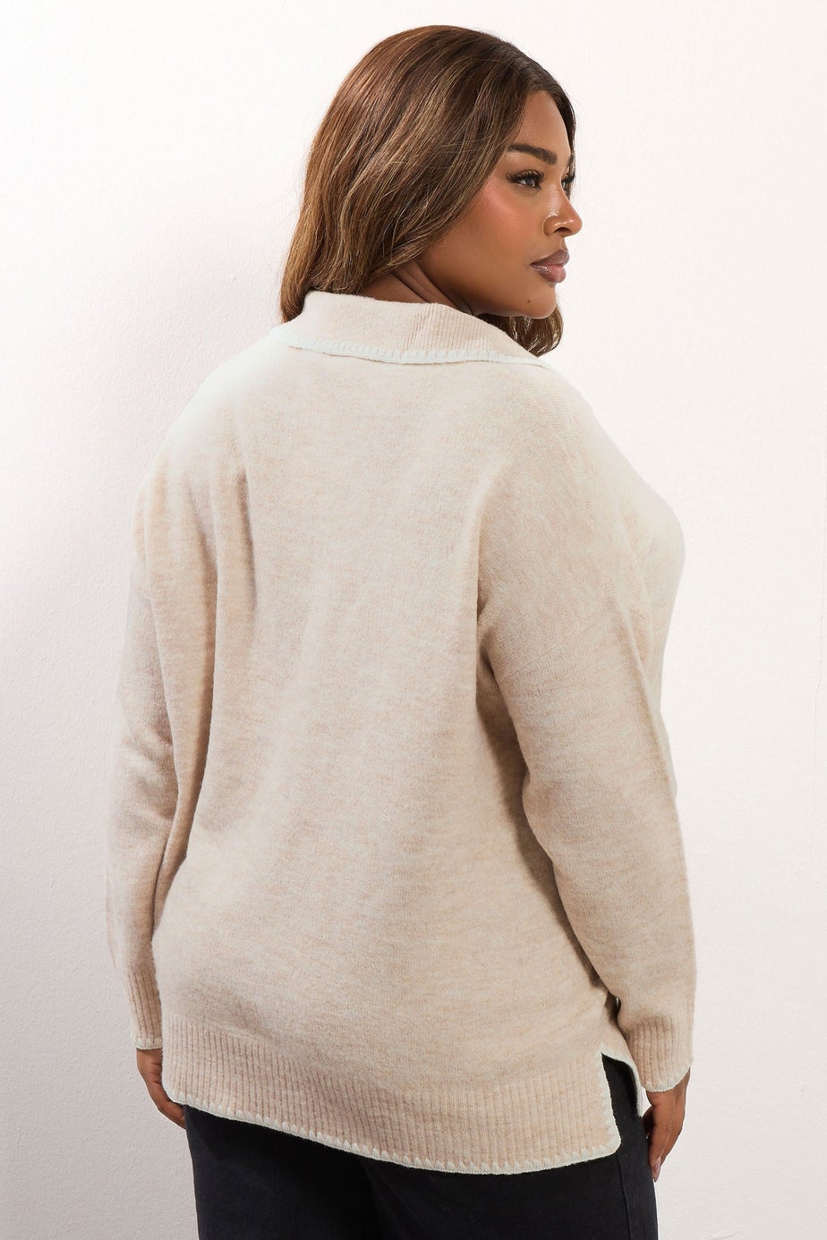 Yours Curve Light Pink Blanket Stitch Collared Jumper