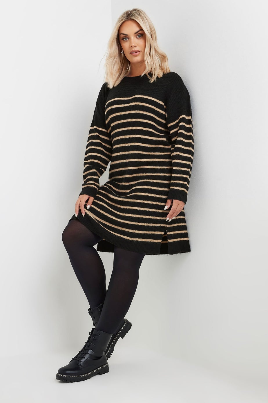Yours Curve Black Striped Knitted Jumper Dress