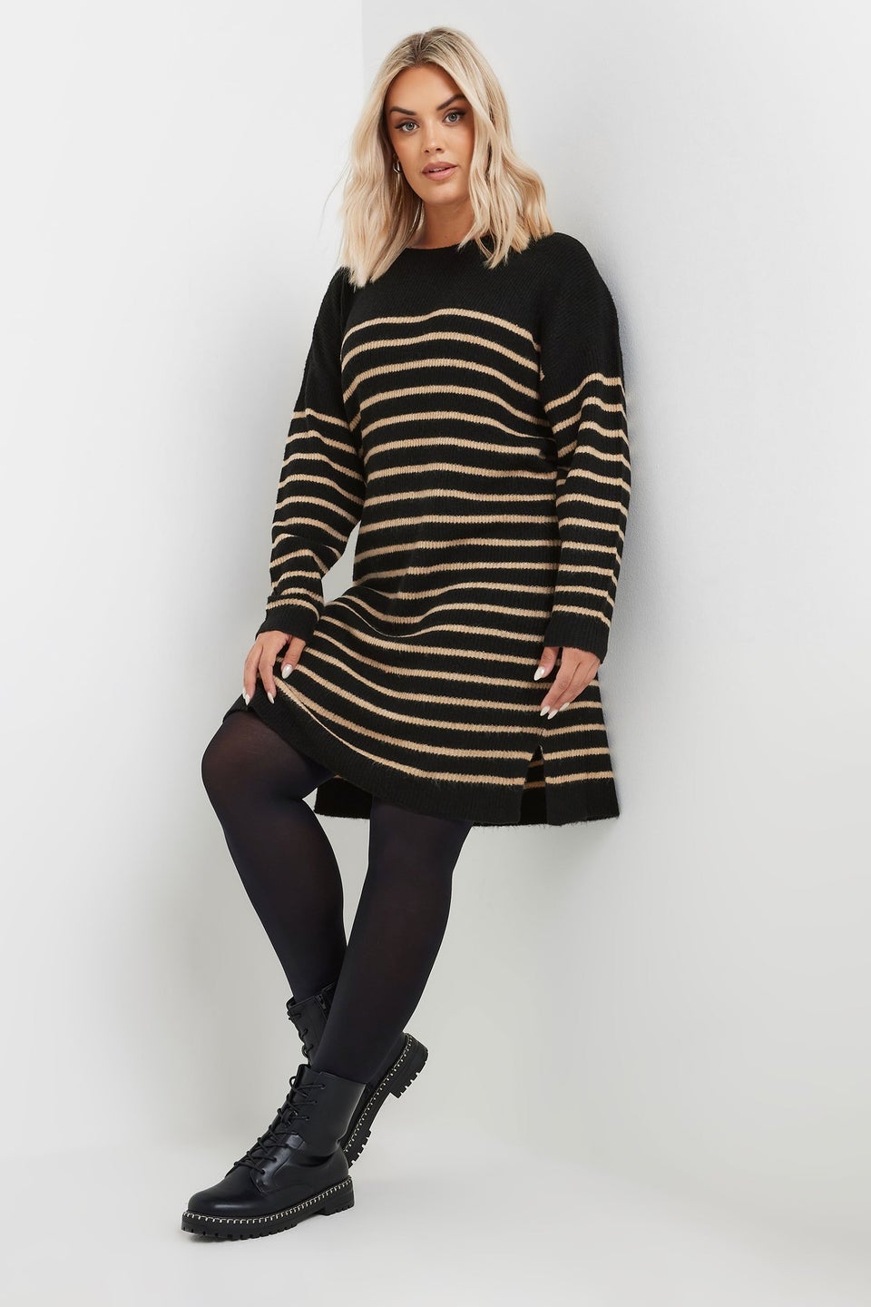 Yours Curve Black Striped Knitted Jumper Dress