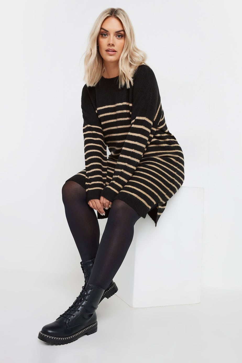 Yours Curve Black Striped Knitted Jumper Dress