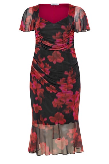 Yours London Curve Red Floral Gathered Midi Dress