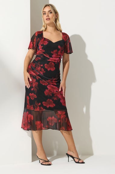 Yours London Curve Red Floral Gathered Midi Dress