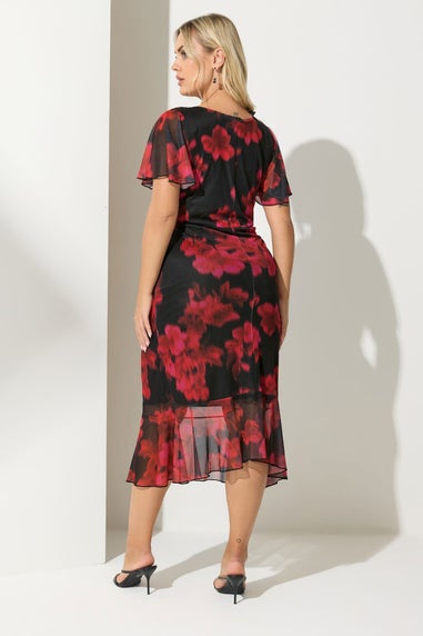 Yours London Curve Red Floral Gathered Midi Dress