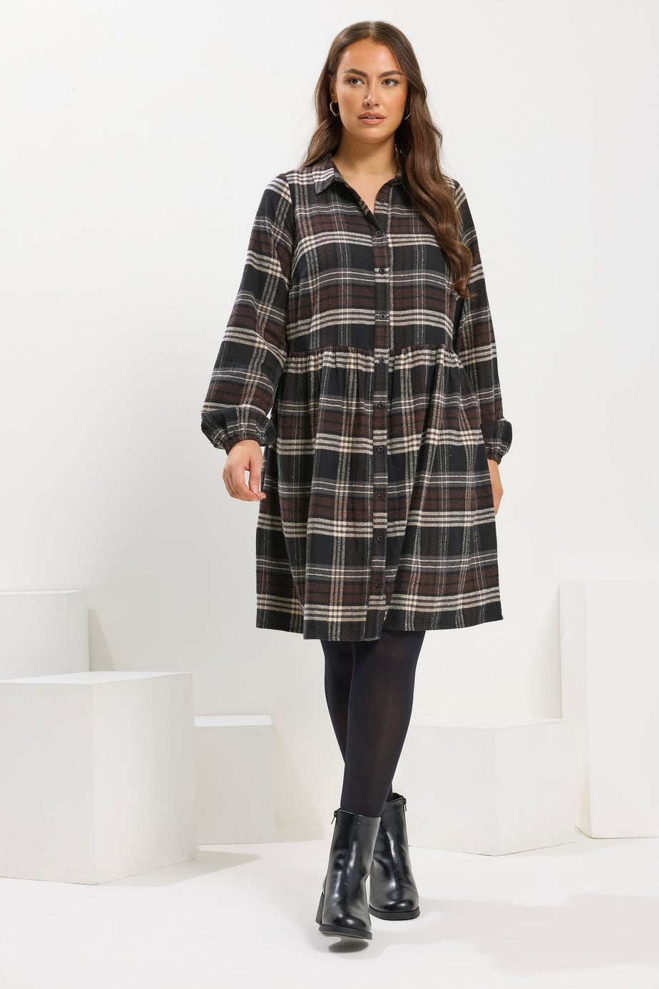 Yours Curve Chocolate Brown Check Shirt Dress