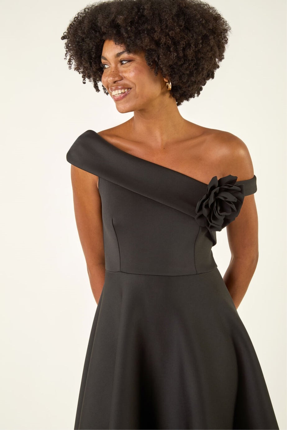Roman Black Corsage Premium Stretch Midi Dress
