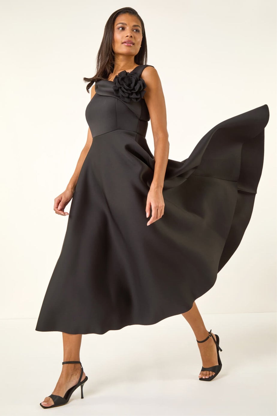 Roman Black Corsage Premium Stretch Midi Dress