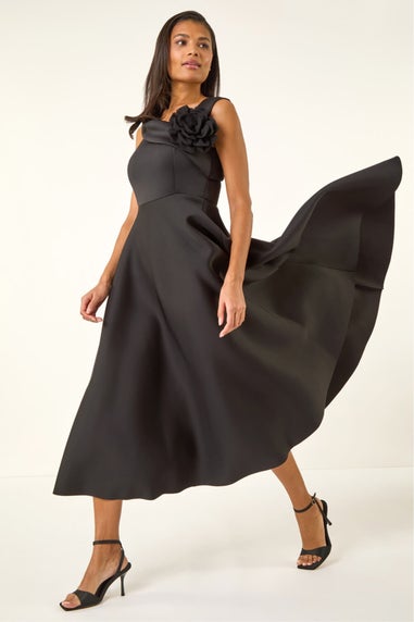 Roman Black Corsage Premium Stretch Midi Dress