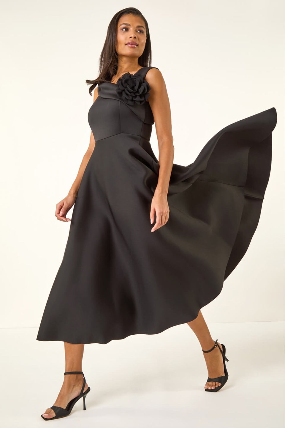 Roman Black Corsage Premium Stretch Midi Dress