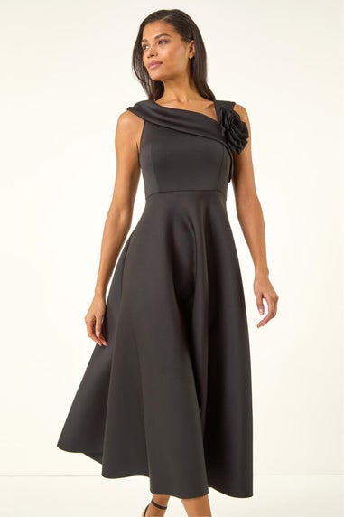 Roman Black Corsage Premium Stretch Midi Dress